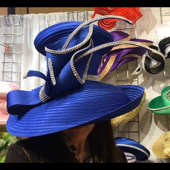 NEW Charm NY * Royal Blue * RHINESTONE HAT CHURCH BLING COGIC DERBY - Picture 2 of 4